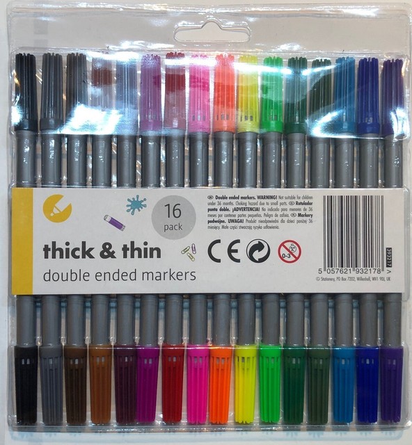 16 Felt Tip Pens Thick & Thin Fibre Tipped Double Ended Markers Colour