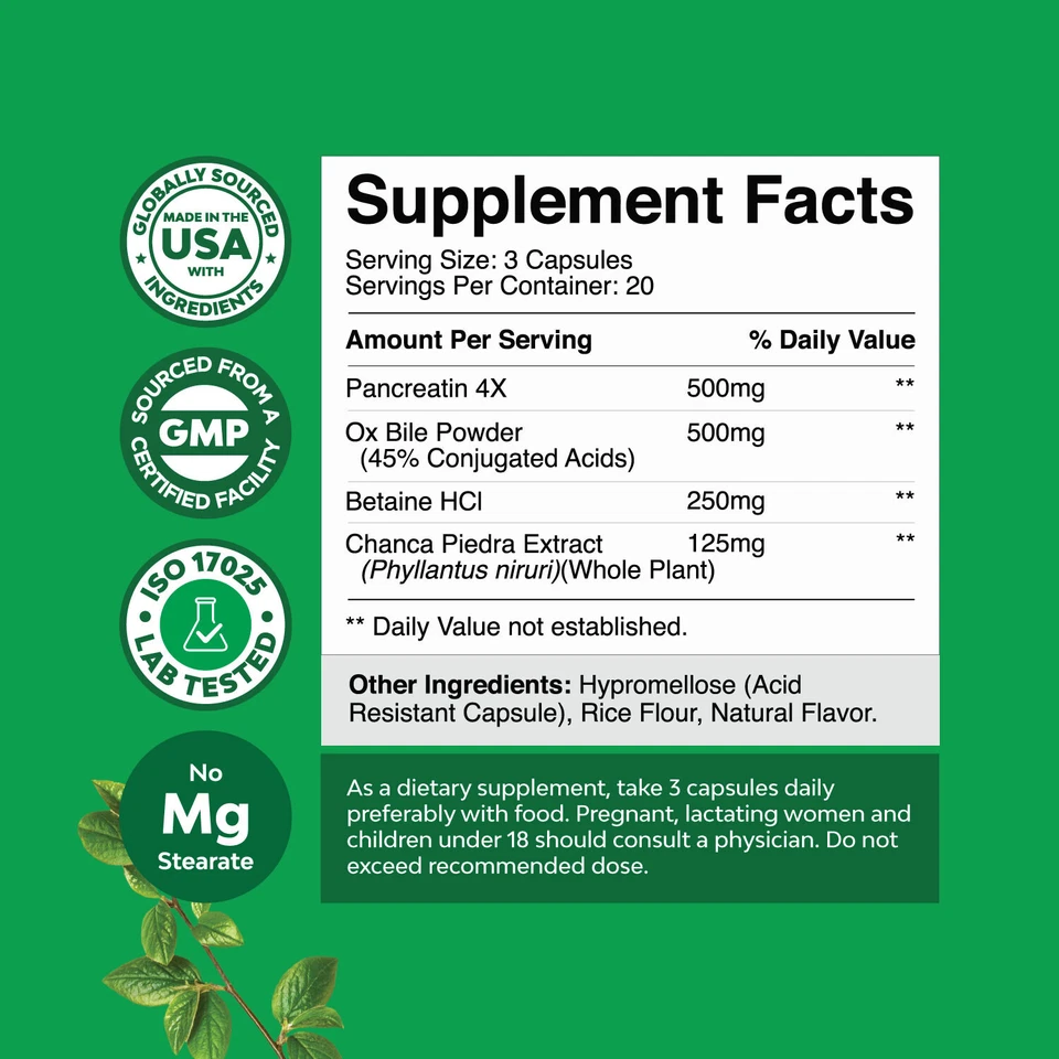 Sales biliares de buey para soporte de vesícula biliar - Suplemento de sales biliares purificadas 60ct Foto 3 de 4