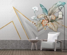 3D Floral Geometry Gold Line Self-adhesive Removeable Wallpaper Wall Mural