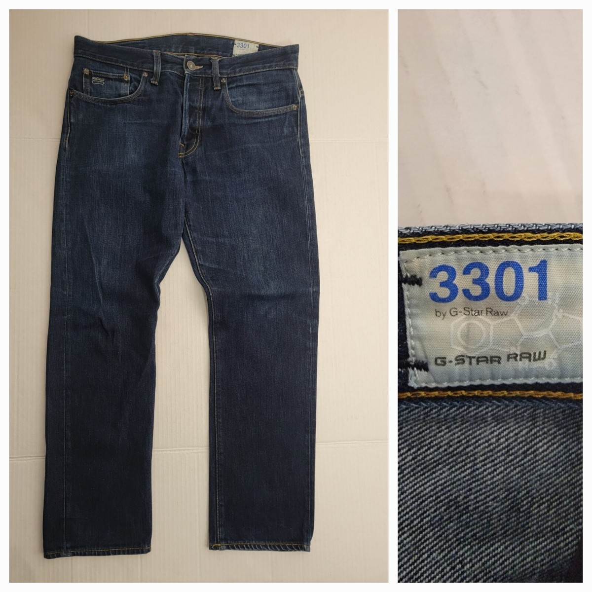 G Star Raw 3301 Straight Jeans Mens 34x 28 Button Fly Dark Wash