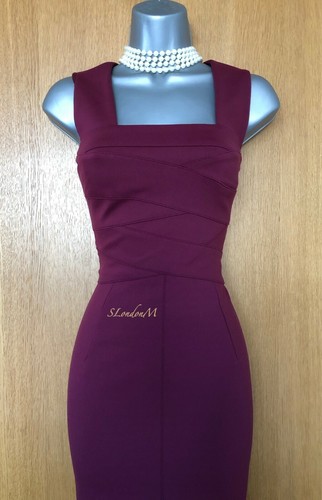 Vestido lápiz Karen Millen berenjena paneles asimétricos geométricos cuello cuadrado UK10 - Imagen 4 de 9
