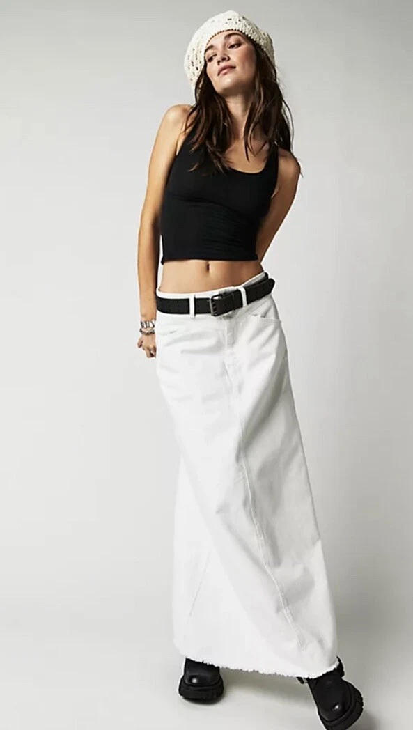 Free People We The Free Come As You Are Denim Maxi Skirt White Frayed Hem Sz- 0