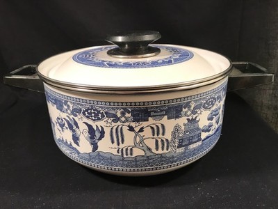Vintage Blue Willow Howard Holt Porcelainized Steel Enamel LG Stew Pot Lid 1960s