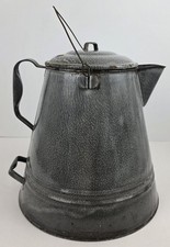 Large Gray Graniteware Enameled Cowboy Coffee Pot Campfire Kettle 12 In. High