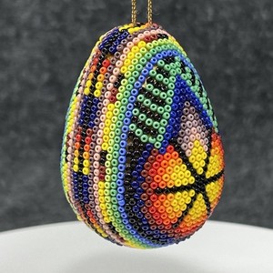 Handmade Huichol Beaded Egg Ornament Colorful Geometric Mexican Folk Art Decor