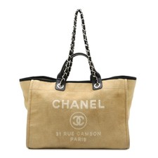 Chanel Deauville Tote Gm Canvas Leather Bag Women Beige One Size