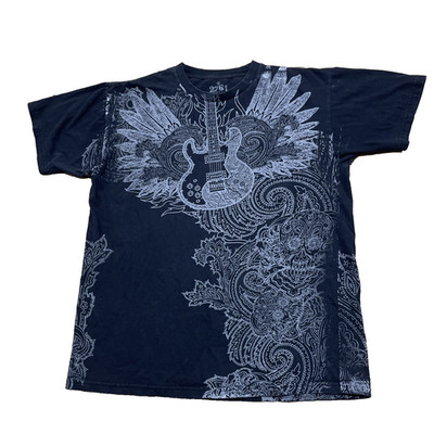2761 Guitar Wings Skull AOP y2k Graphic Shirt Men L Black Cybergoth Music Muerto