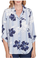 ALFRED DUNNER Classics Womens Striped Flower 3/4 Slv Button Down TOP XL NWT