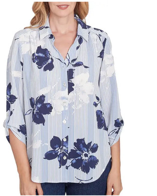 ALFRED DUNNER Classics Womens Striped Flower 3/4 Slv Button Down TOP  XL  NWT