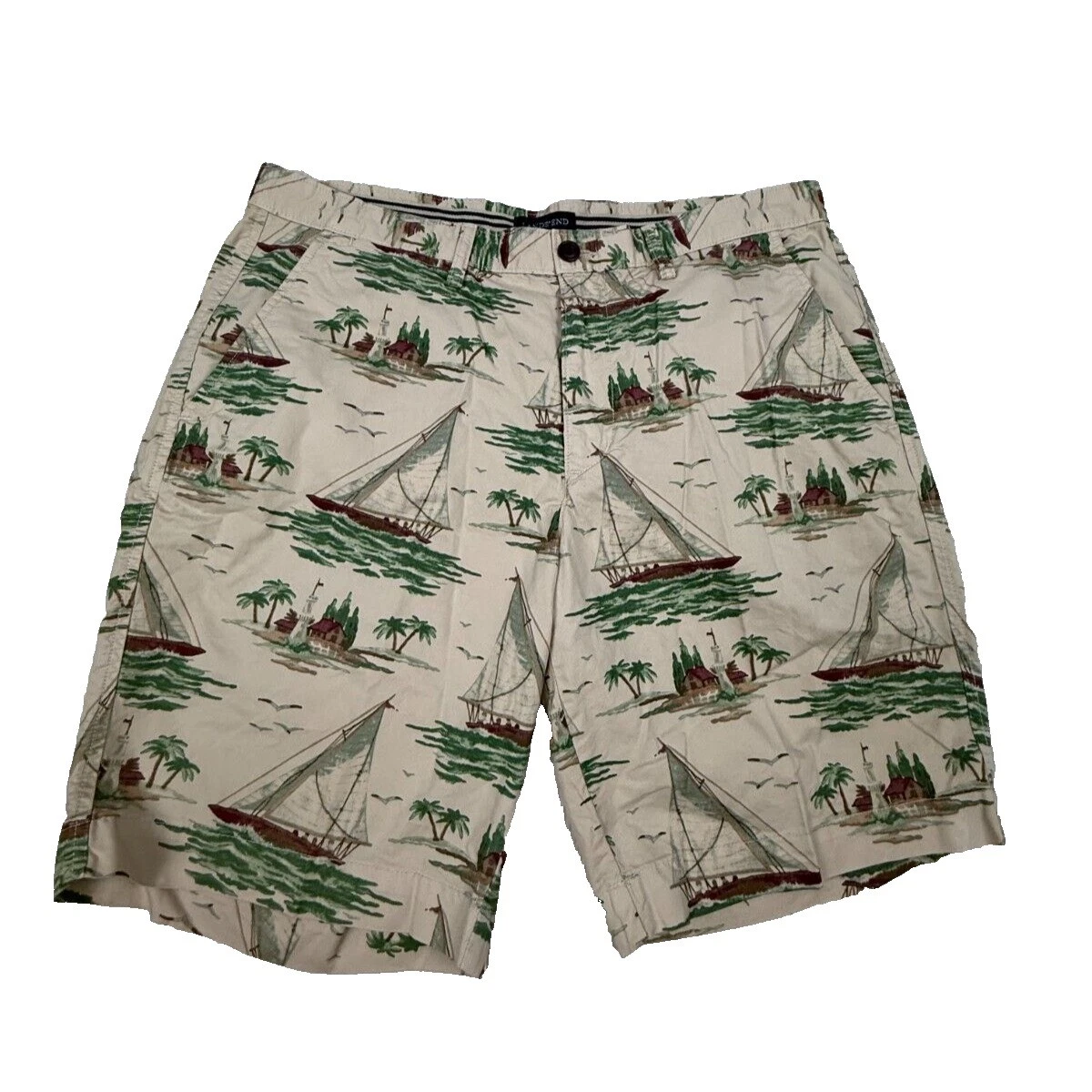 Lands' End Mens Sailboat Print Chino Shorts Beige Nautical Cotton 36x9