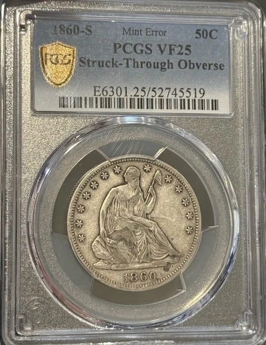 1860-S VF25 PCGS Seated Liberty Half Struck Through Error Trueview Rare Tough PQ