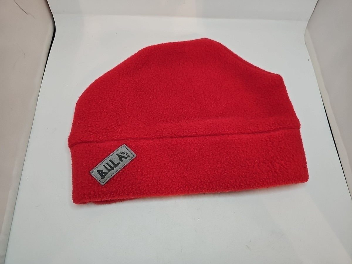 Vintage 90s Bula Red Fleece Beanie Hat with Logo USA Made One Size