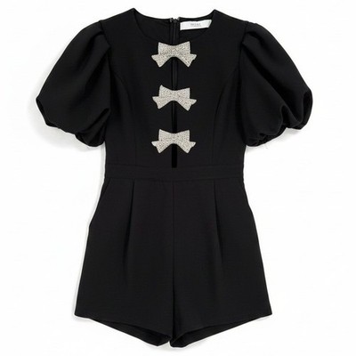 EB Luxe Los Angeles Romper Black Puff Sleeve Rhinestone Bow Cutout Pocket Large