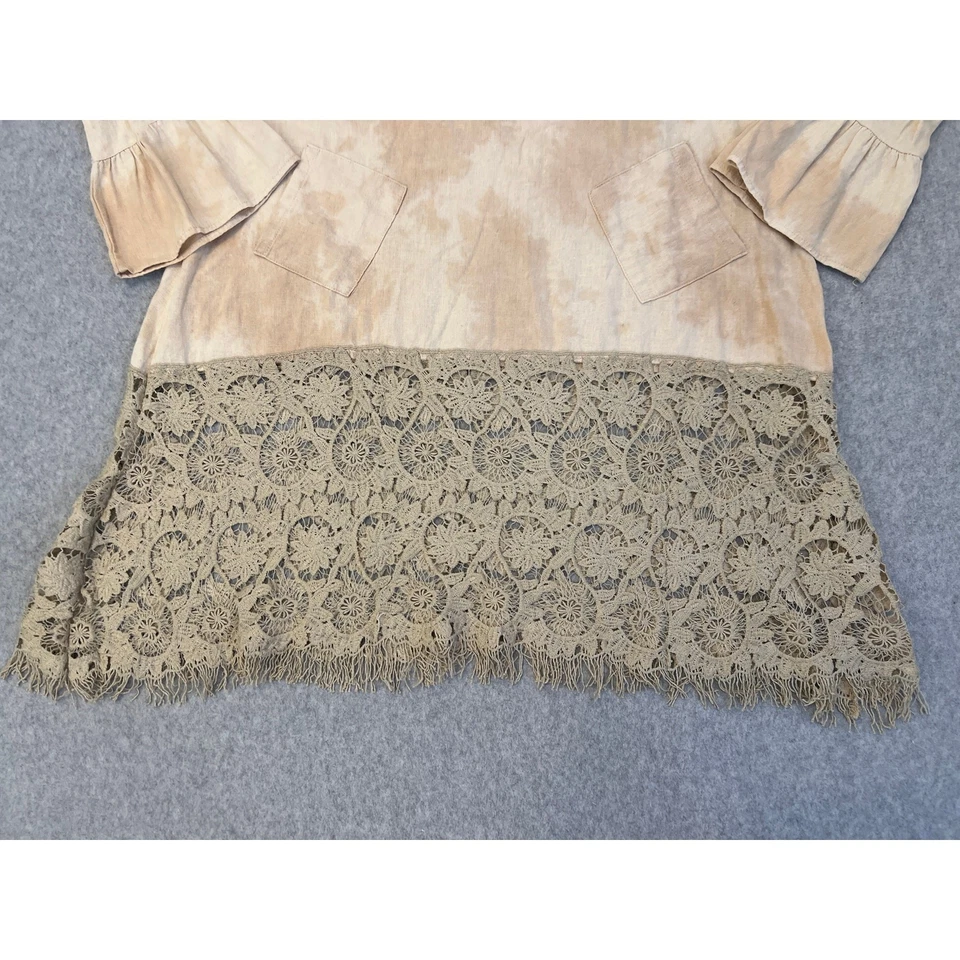 L&B Lucky & Blessed 束腰上衣女式 M 铃袖钩针亚麻领带染色棕褐色 — 第 2/4 张图片