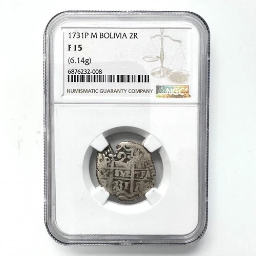 BOLIVIA 1731 P M 2 REALES NGC F 15 SPANISH COLONY SILVER COB COIN POTOSI 6.14g