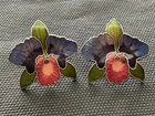 vintage enamel cloisonne orchid flower Earrings Estate Costume Jewelry