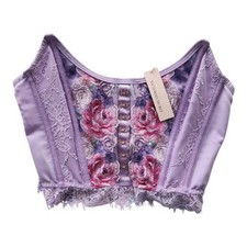 Victoria's Secret Lilac Floral Corset Top Bustier Lace Trim Hook and Eye Size S