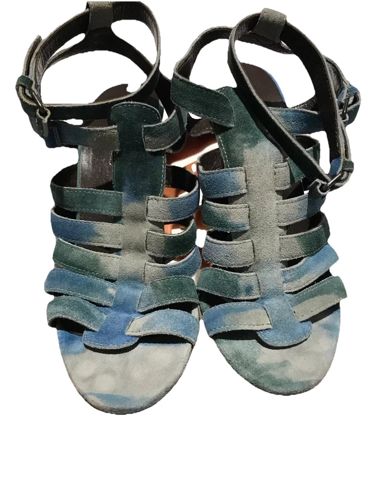 Sandalias Balenciaga 39.5 Tacón Alto Bomba Tobillo Gladiador Azul Verde Gamuza Tie Dye Foto 4 de 4