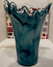 VTG Lavorazione Murano Glass Aqua Blue Waves Marble Swirl Ruffled Edge Vase. 12