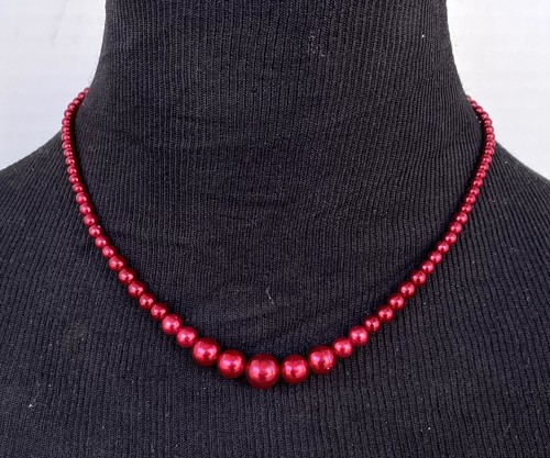 Vintage Metallic Red Bead Necklace 16” Spring Ring Clasp Shimmers Acrylic - Picture 2 of 4