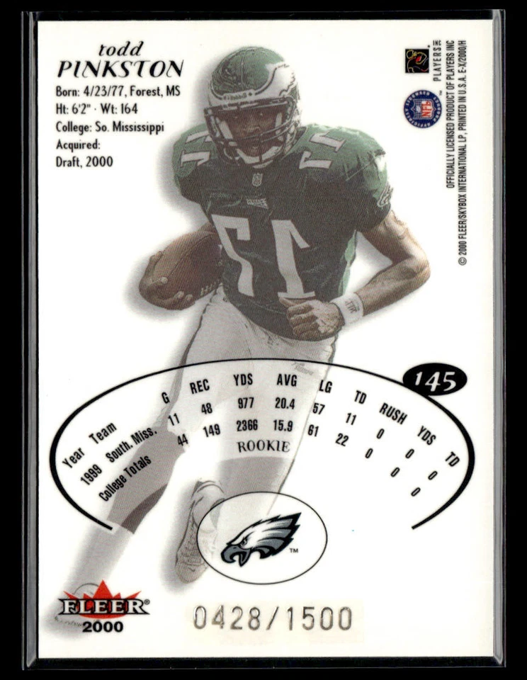 2000 Fleer E-X #145 Todd Pinkston Rookie #/1500 Card Philadelphia Eagles - Image 2 of 2