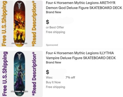 4 Horsemen Mythic Legions ARETHYR God ILLYTHIA Deluxe Figure SKATEBOARD DECK Set
