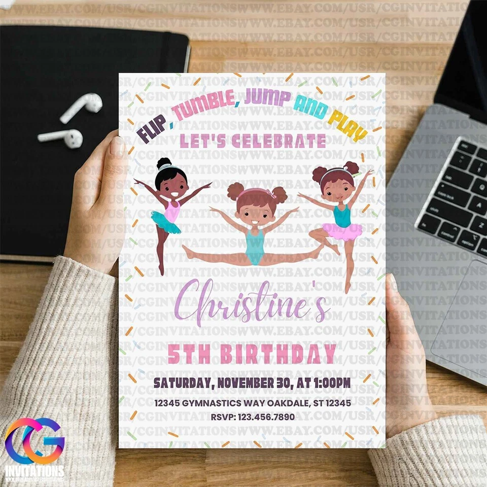 Invitación de cumpleaños de gimnasia editable para niñas, es hora de jugar fiesta de gimnasia Foto 4 de 4