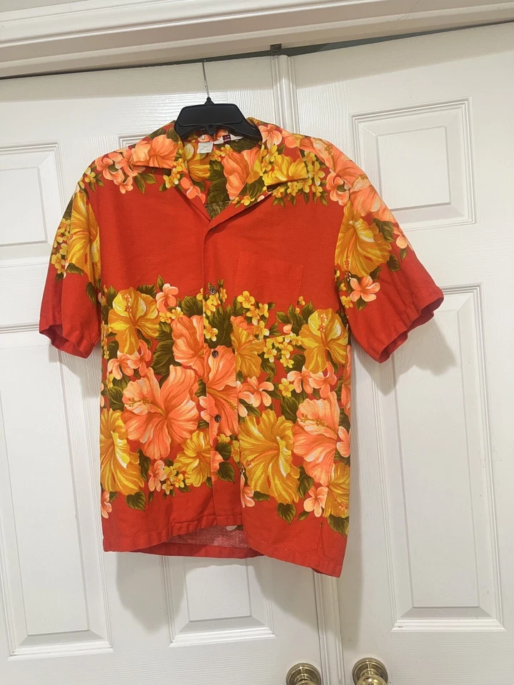 Camisa Aloha Vintage Años 60 70 Hawaiian Togs Para Hombres L Naranja Brillante Floral Tela de Corteza Foto 2 de 4