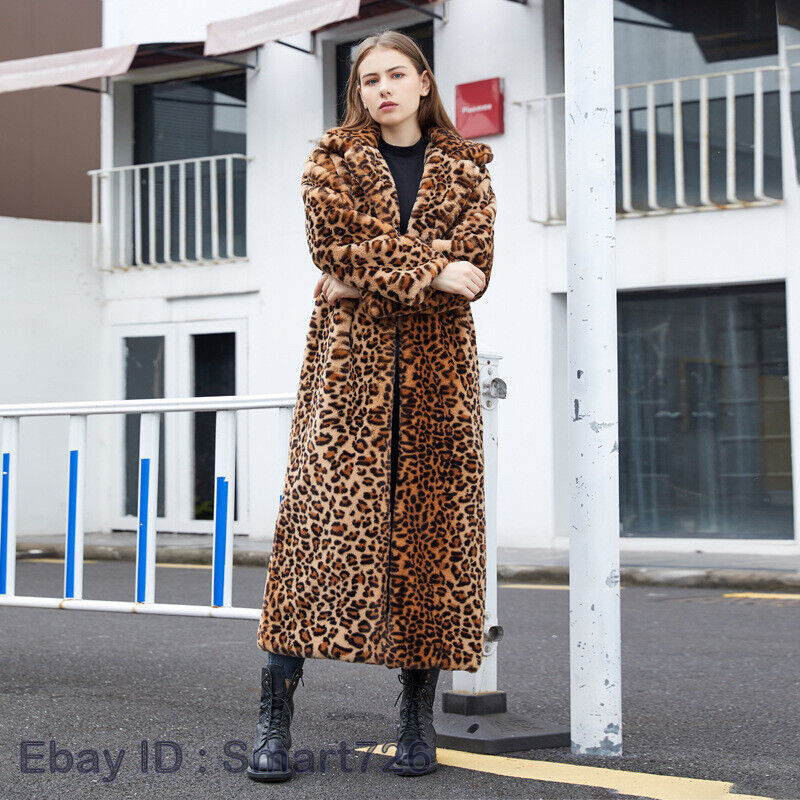 Women Leopard Faux Mink Fur Swing Coat Long Warm Outwear Winter