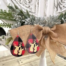 Christmas Faux Leather Teardrop Dangle Earrings Red Buffalo Plaid Reindeer