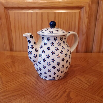 Polish Wiza Boleslawiec Coffee Pot Pottery Spouted Spotted Floral