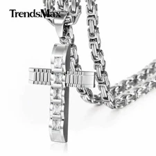 MENS Byzantine Chain Silver Stainless Steel Necklace Cubic Zirconi Cross Pendant