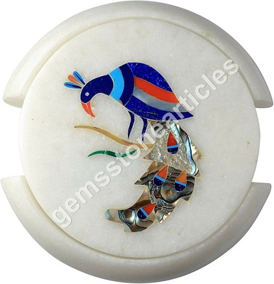 Set De 6 Dessous De Verre En Marbre Blanc Incrusté Lapis-lazuli - Motif Floral Paon