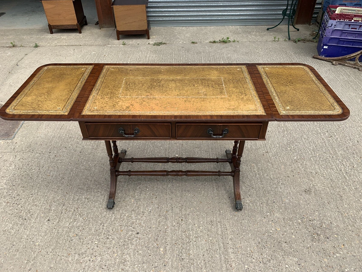 A 20th Century Mahogany Drop Leaf Console Table with Drawers Leatherette Inset