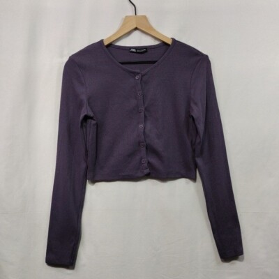 Zara Ribbed Cropped Button Cardigan Women's M Purple Boho