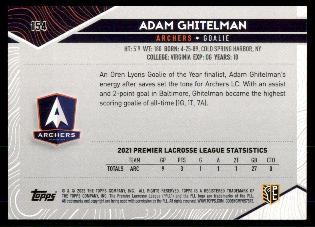 2022 Topps Premier Lacrosse League Base #154 Adam Ghitelman - Archers | eBay