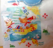 Vtg Riegel Teddy Bears Sailboat Crib Blanket White W/ Satin Trim 36" x 45" USA