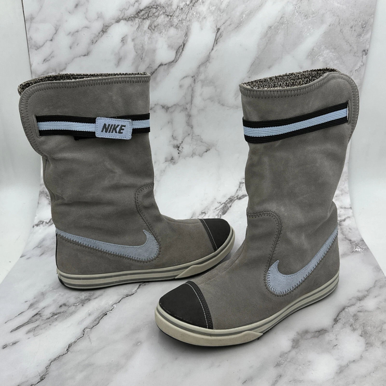 Stivali Nike Glencoe scamosciati pieghevoli donna 9 retrò grigio blu swoosh cinturino alla caviglia
