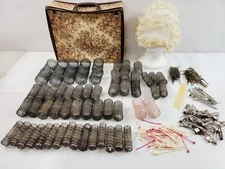 50s/60s Mesh Metal Spring Brush Hair Rollers w/Picks Pins Clips Cap & Storage 