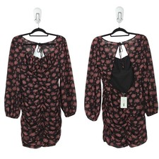 Fashion Nova Women L NovaVintage Annie Dress Black Pink Floral Ruched Open Back