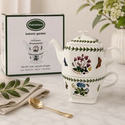 Portmeirion Botanic Garden Tea For One Ceramic Individual Cup Square Teapot Lid