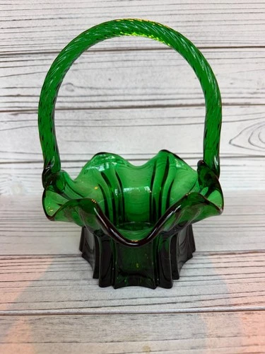 Vintage Fenton Vulcan Basket with Twisted Handle - Emerald Green
