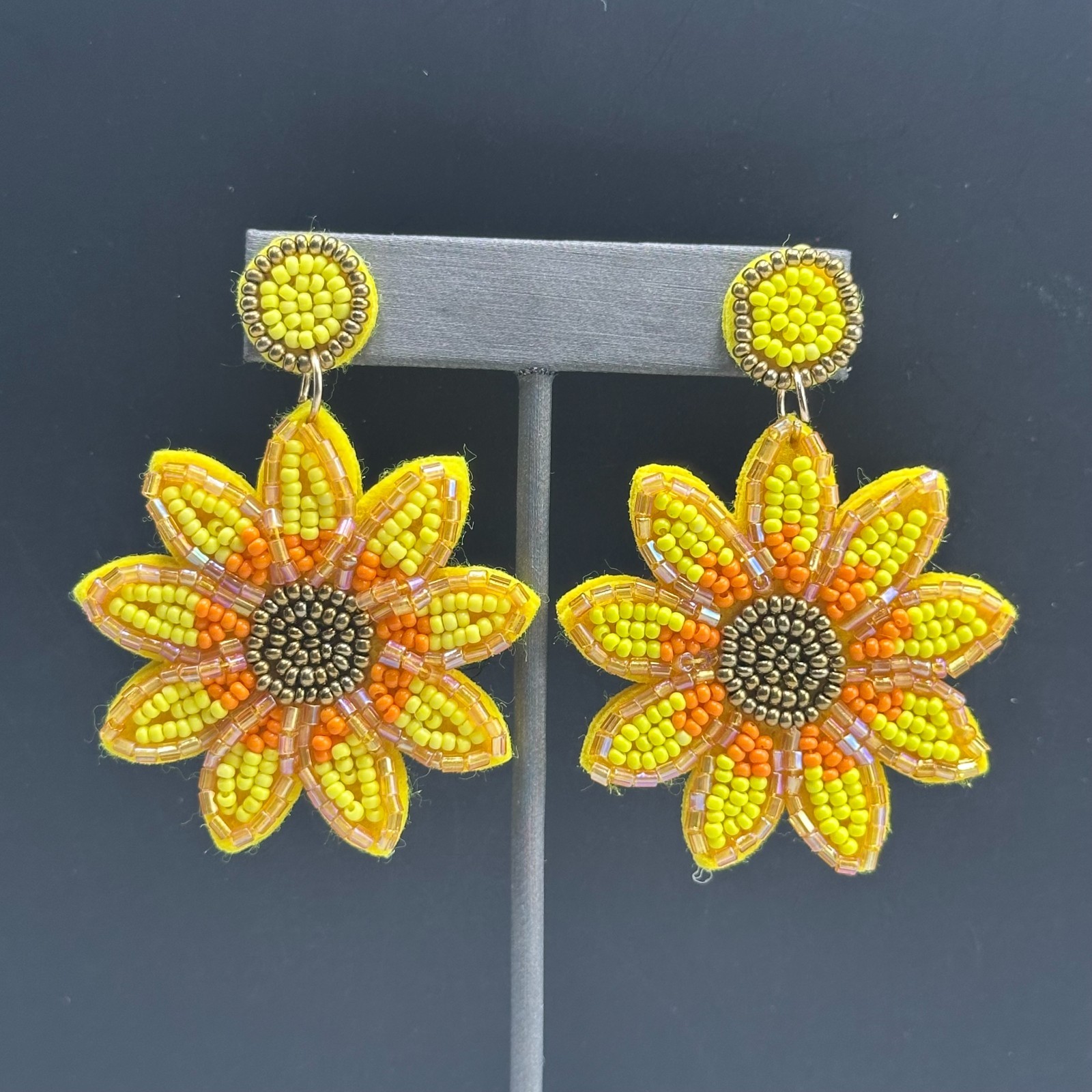 Sunflower Beaded Dangle Earrings Yellow Seed Bead… - image 2