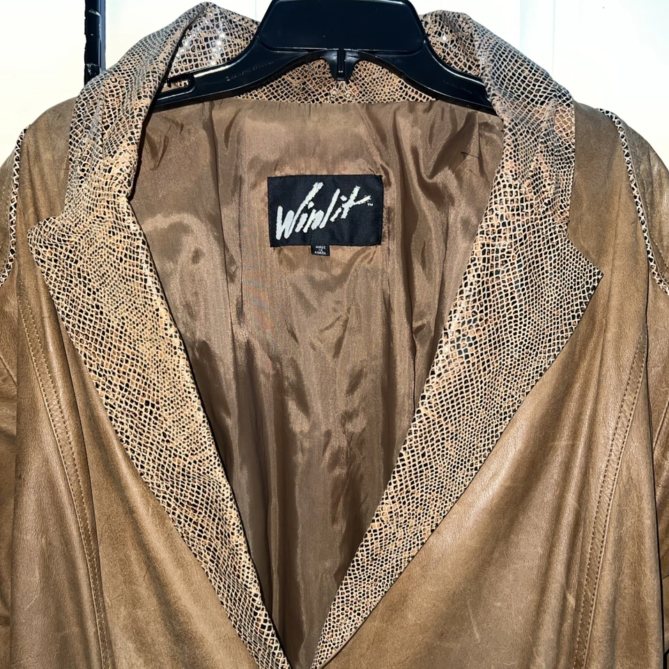 De colección. Chaqueta plumero gabardina de cuero marrón, piel de serpiente vaquera occidental de 1980 M Foto 4 de 4