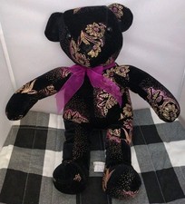 Stuffed Black Bear Ribbon w Sparkly Flowers Embellishments Plush VINTAGE VTG