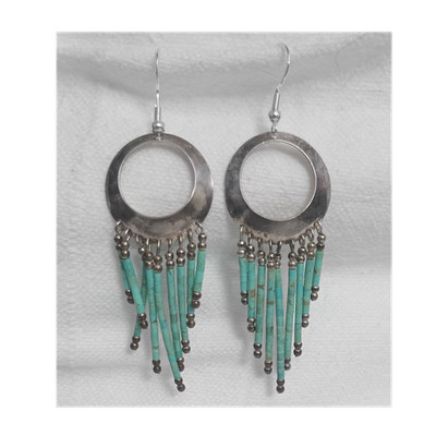 Vintage Native American Ethnic Silver and Turquoise Heishi Bead Earrings.
