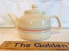 Vintage McCoy 163 Ceramic Teapot With Lid Cream With Blue & Peach Stripes, EXC!