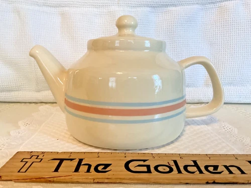 Vintage McCoy 163 Ceramic Teapot With Lid Cream With Blue & Peach Stripes, EXC!