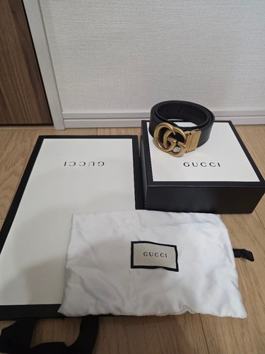 GUCCI Mens Reversible Leather Belt Double G Logo Black Brown Gold Size 34 85