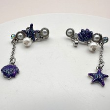 Vintage 90s Sea Shell Starfish Dangle Earrings Glitter Faux Pearl AB Rhinestone